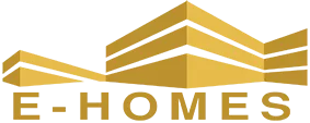 La imagen presenta la palabra \"E-HOMES\" en dorado sobre un fondo negro. Las letras están en mayúscula y separadas por líneas finas. Encima de la palabra, hay una línea horizontal formada por tres líneas verticales que se asemeja al borde de un techo. El diseño es sencillo y moderno