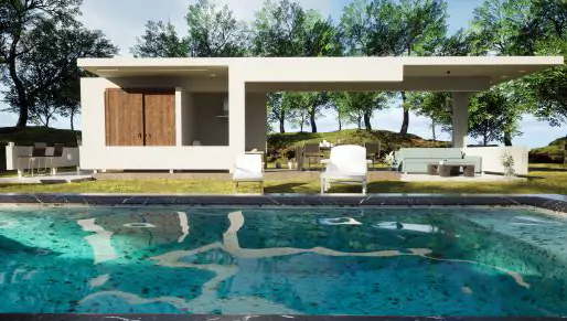 Una casa moderna con una piscina en primer plano y un banco en el porche