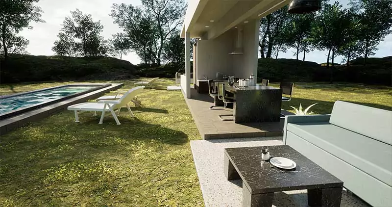 Una quincho moderno con patio y sillas junto a una piscina