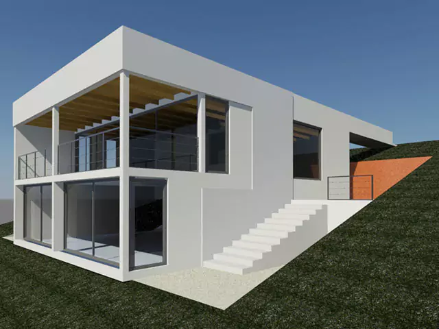 Casa moderna, situada sobre una colina cubierta de hierba con una escalera que conduce a ella. La casa es blanca con grandes ventanales y planta abierta. La vista desde la parte trasera de la casa da a la colina