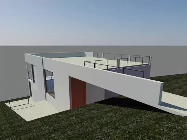 Una casa de estilo moderno con un gran balcón y una puerta roja. La casa está en una colina cubierta de hierba con un cielo azul claro de fondo