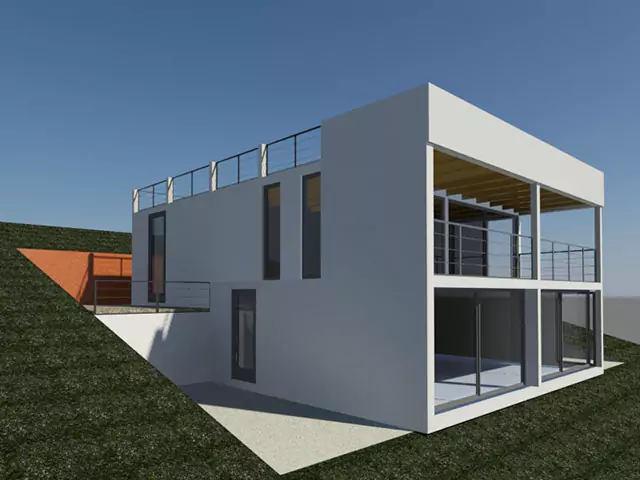 Una casa moderna, situada sobre una colina con un techo inclinado y grandes ventanales