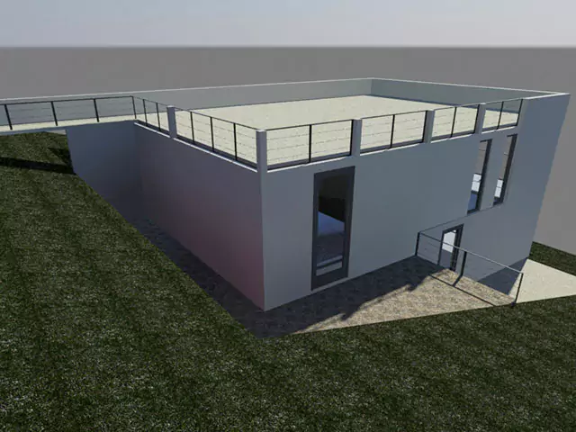 Una imagen renderizada de una pequeña casa con un balcón vallado