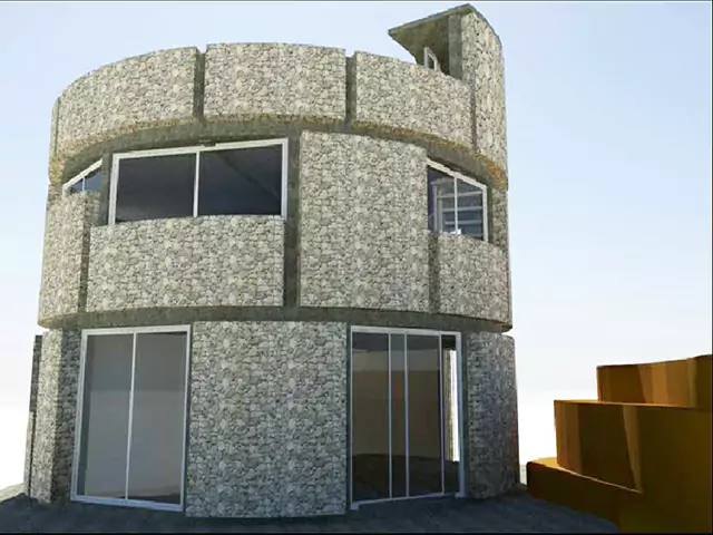 Imagen generada por computadora de una casa redonda de dos pisos con grandes ventanales y un exterior de piedra