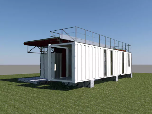 Una representación de una casa con contenedor marítimo blanco en un terreno cubierto de hierba