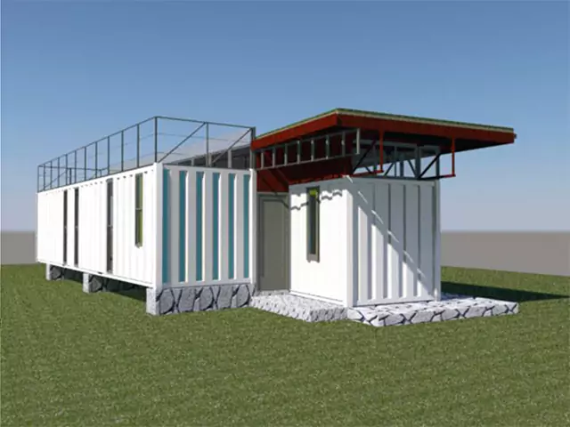 Una representación de una casa con contenedor marítimo blanco en un terreno cubierto de hierba