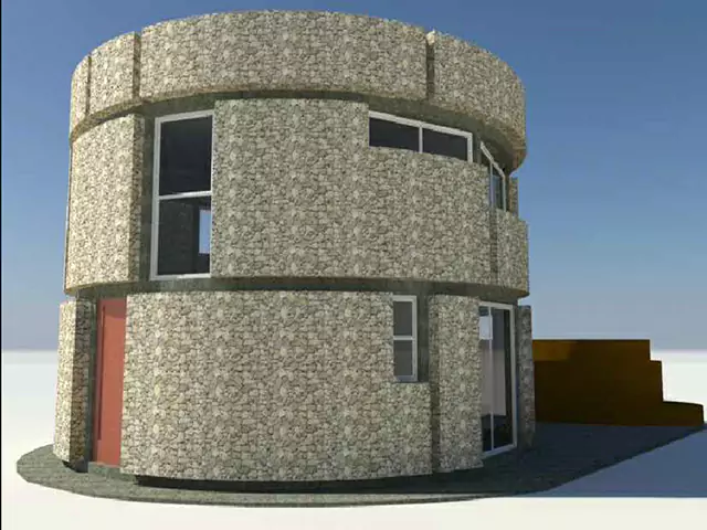 Imagen generada por computadora de un edificio circular de dos pisos hecho de piedra