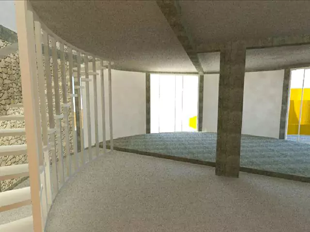 Se muestra una habitación con pisos de concreto y paredes blancas. Hay una escalera en el lado izquierdo de la habitación que conduce a una zona rocosa