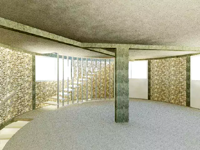 Imagen generada por computadora de una casa redonda de dos pisos hecha de piedra